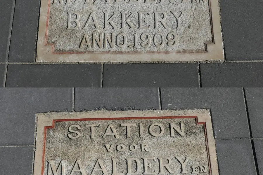 WA282 2 Gedenkstenen Station voor Maalderij Vakschool Marijkeweg Fotocombinatie jpg